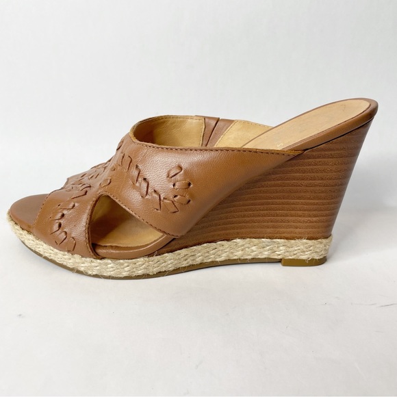Jack Rogers Sophia Oak Brown Leather Wood Stacked Wedge Slide Sandals Size 6 - Picture 4 of 9